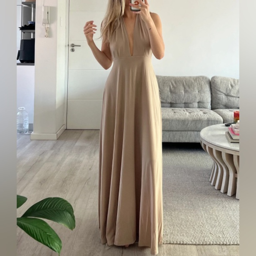 Classic Beige Infinity Elegant Backless Halter Flowy Stretch Maxi Gown Dress S